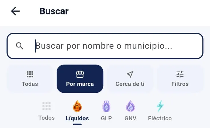 Captura real de Karbia: búsqueda de estaciones y filtros por tipo de energía