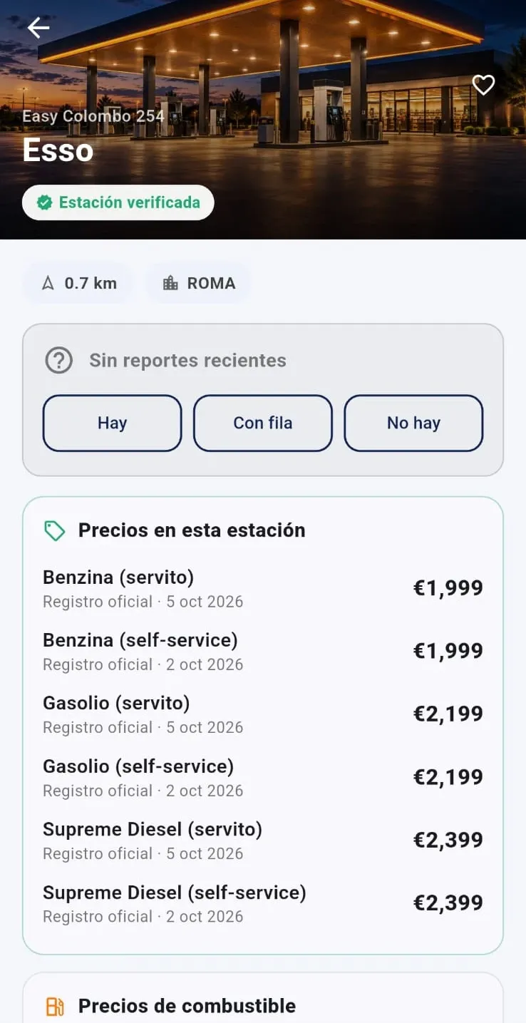 Captura real de Karbia: detalle de una estación con precios en euros