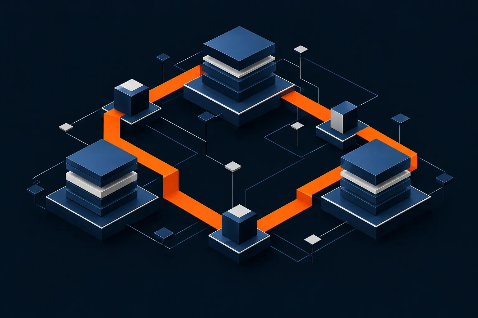 Ilustración conceptual de módulos de infraestructura conectados por un flujo naranja